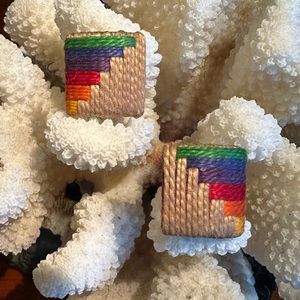 RARE Vintage Handmade Rainbow Woven Square Stud Earrings Boho Retro Artisan